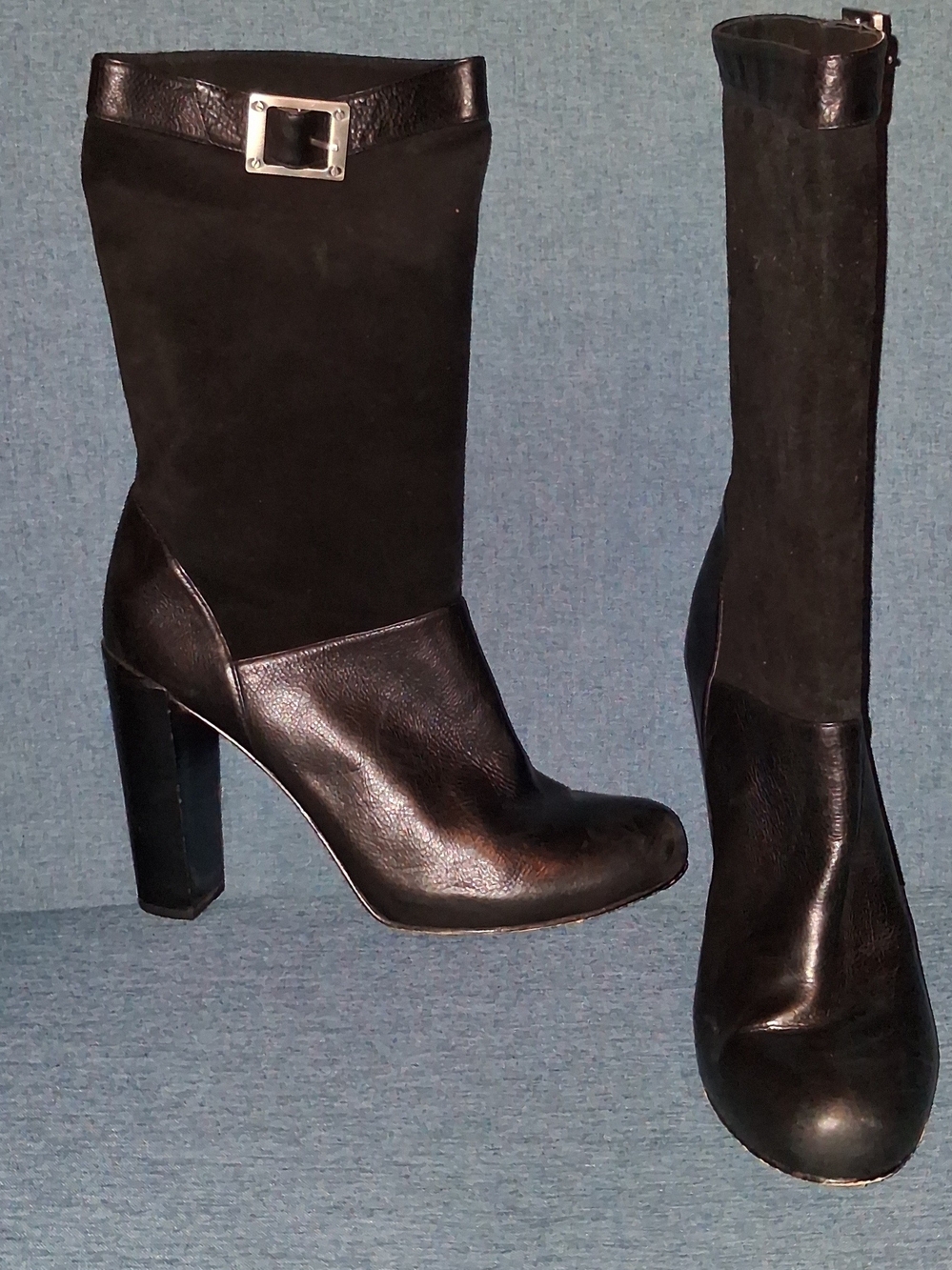 Classic Black Mid-Calf Leather & Suede Heeled Boots